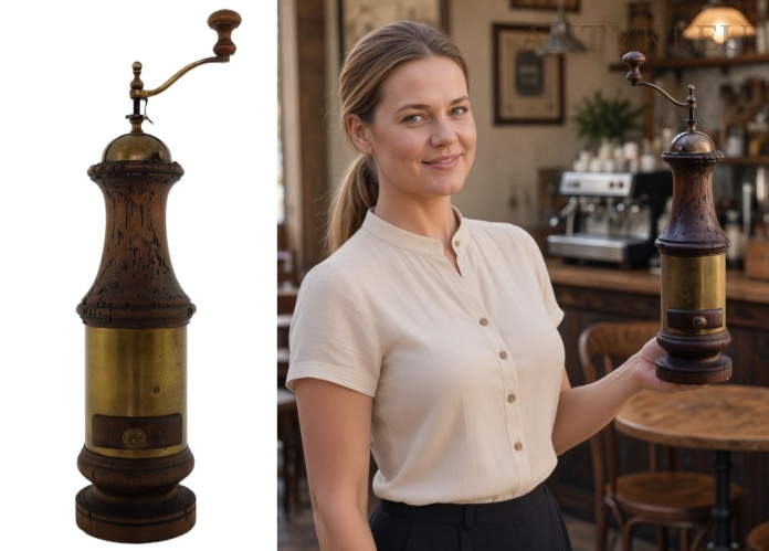 duży włoski młynek do kawy vintage prezentowany w klimatycznej kawiarni retro